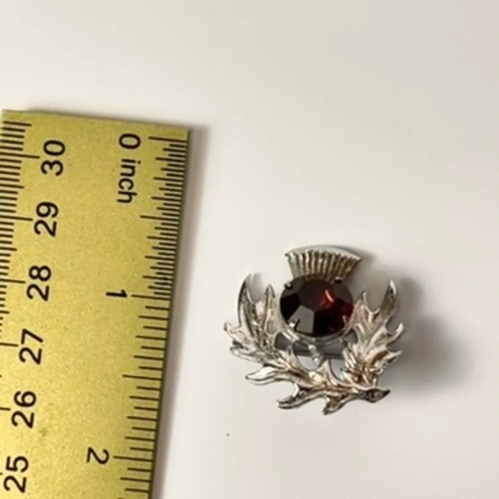 Vintage Scottish Thistle Brooch Red Rhinestone Silver Tone Pin Celtic Statement